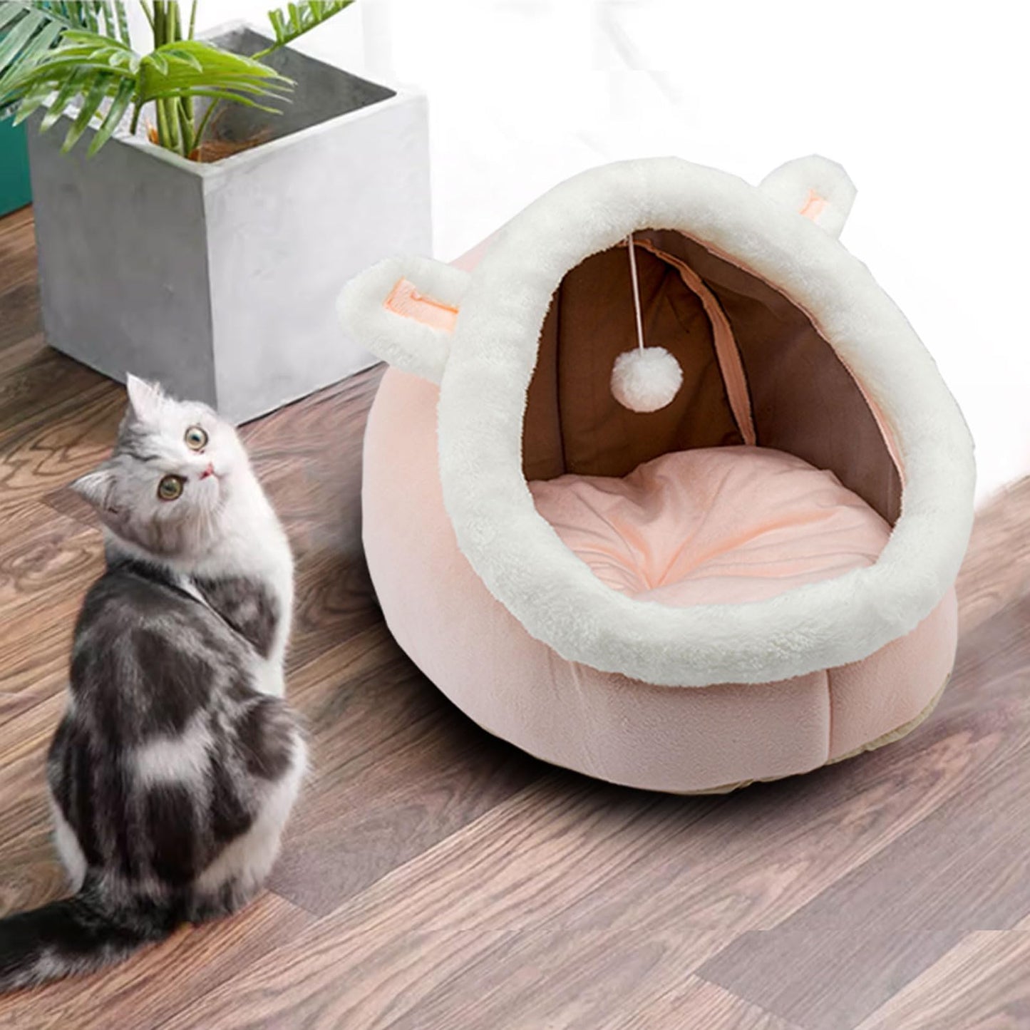 Petvart Rabbit Cat Cave Bed – Anti-Slip Enclosed Pet House with Hanging Toy & Removable Pad