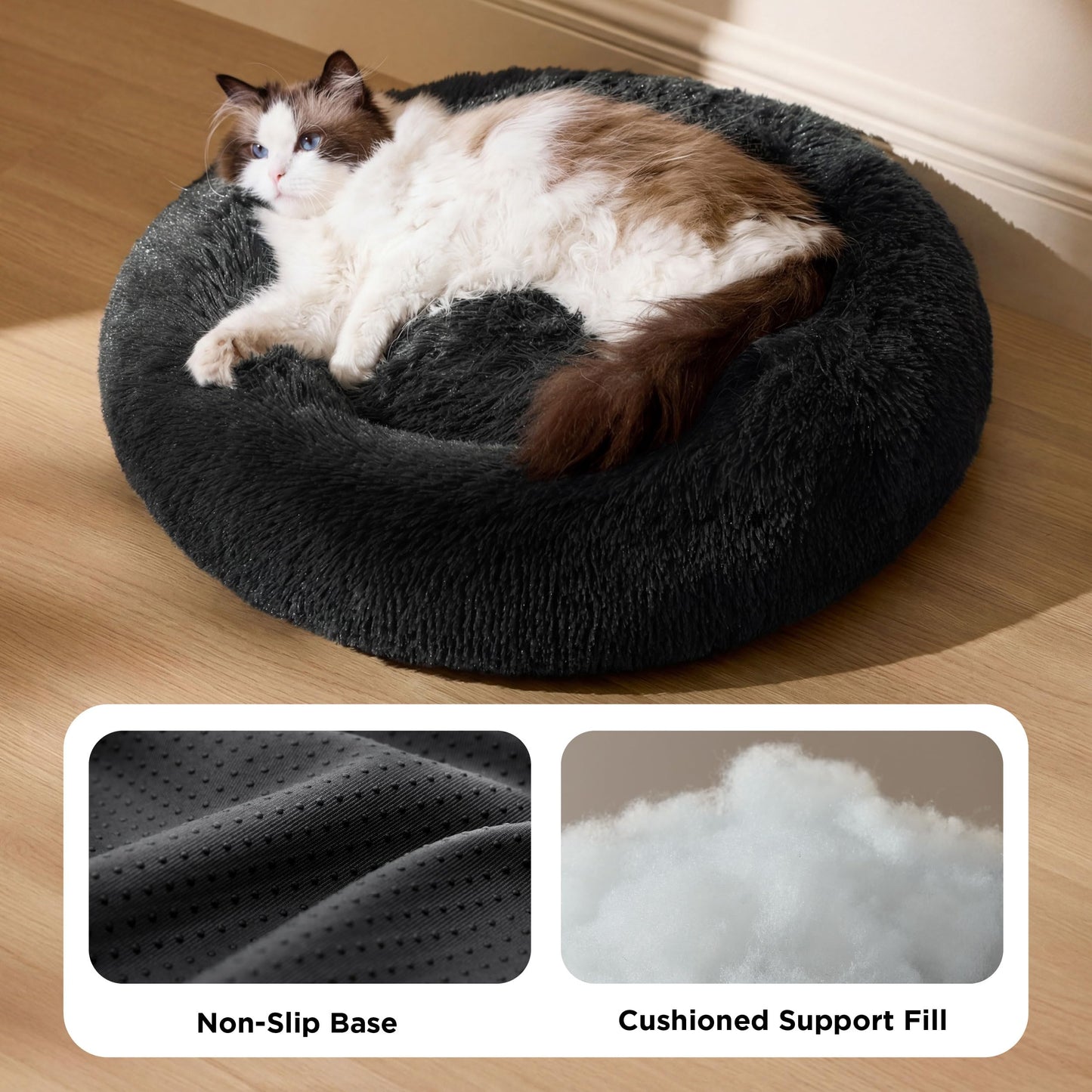 Petvart Large Round Calming Cat Bed 50cm – Washable Fluffy Anti-Anxiety Bed for Cats & Small Dogs