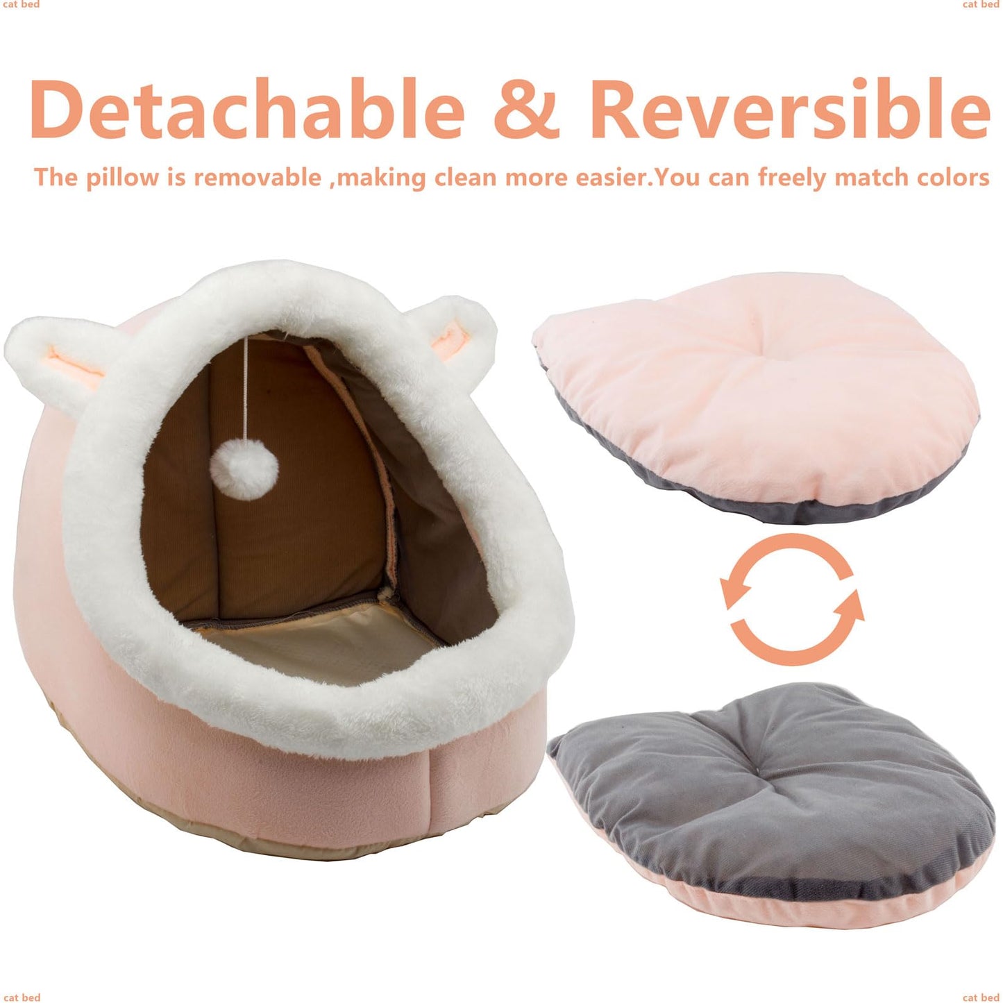 Petvart Rabbit Cat Cave Bed – Anti-Slip Enclosed Pet House with Hanging Toy & Removable Pad