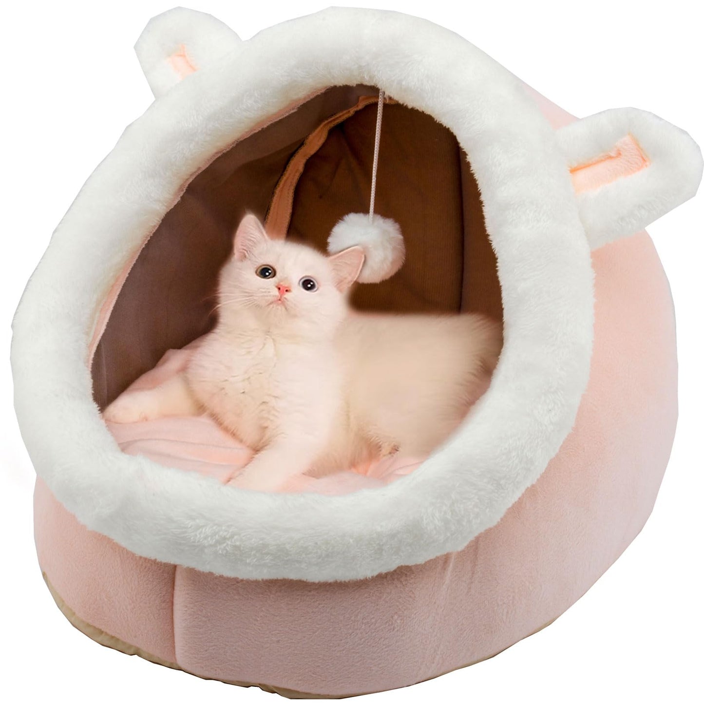 Petvart Rabbit Cat Cave Bed – Anti-Slip Enclosed Pet House with Hanging Toy & Removable Pad