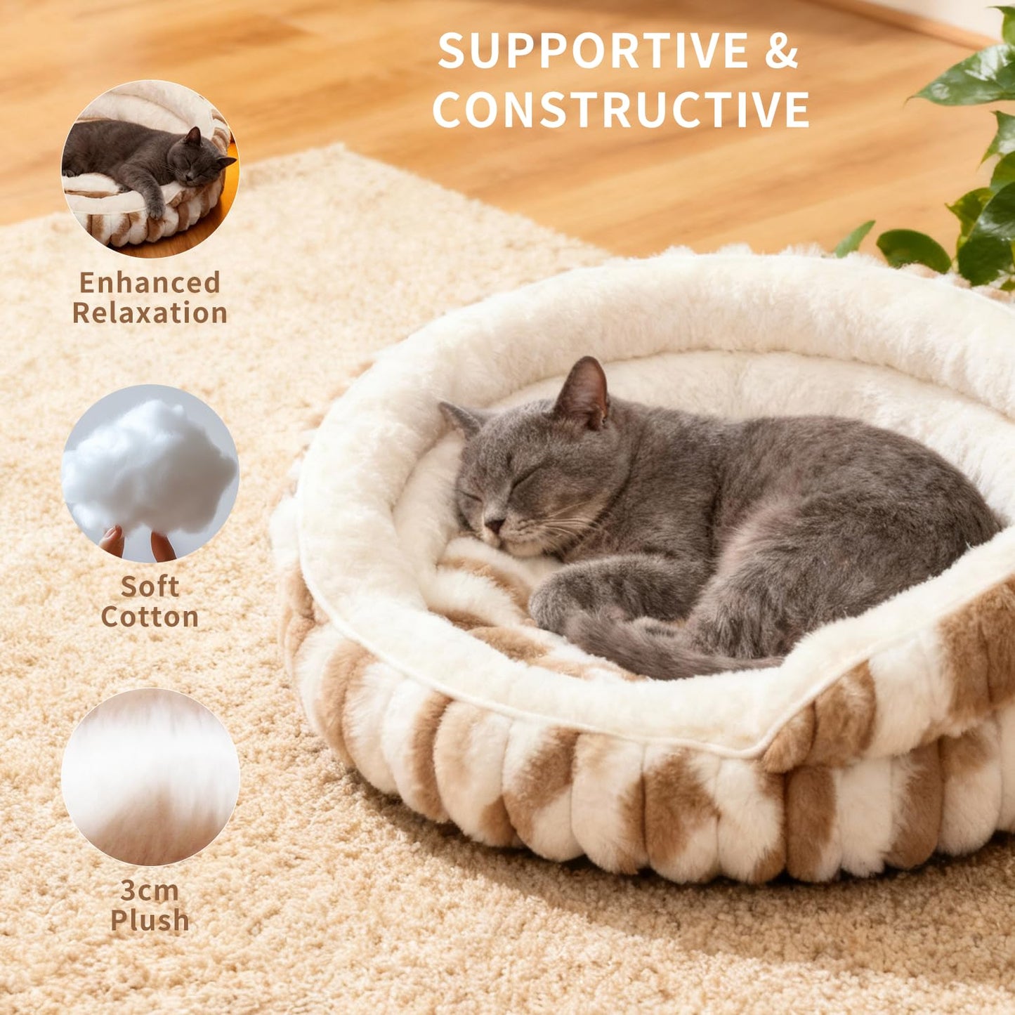 Petvart Calming Donut Cat Bed – Washable Fluffy Anti-Anxiety Pet Bed with Non-Slip Base
