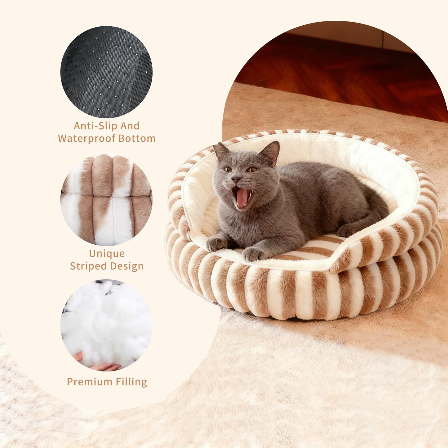 Petvart Calming Donut Cat Bed – Washable Fluffy Anti-Anxiety Pet Bed with Non-Slip Base
