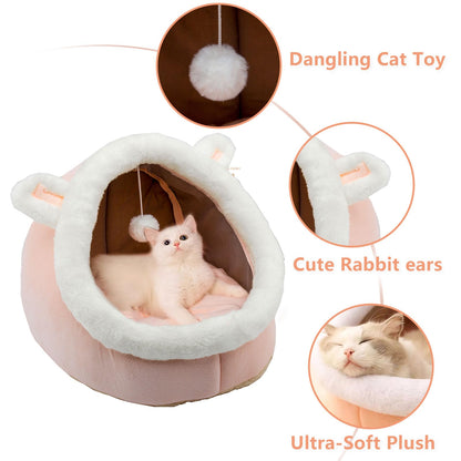 Petvart Rabbit Cat Cave Bed – Anti-Slip Enclosed Pet House with Hanging Toy & Removable Pad