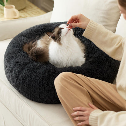 Petvart Large Round Calming Cat Bed 50cm – Washable Fluffy Anti-Anxiety Bed for Cats & Small Dogs